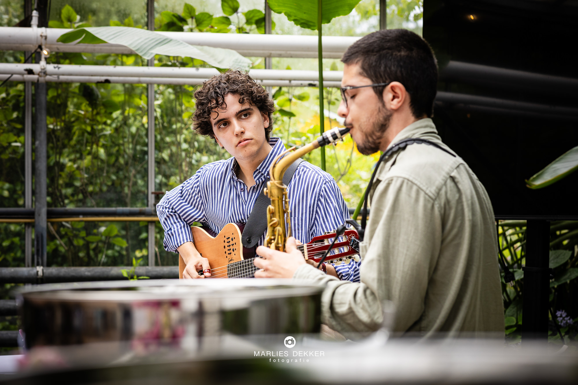 Trouwen in de botanische tuin Vrije Universiteit van Amsterdam met muzikanten tijdens de ceremonie
